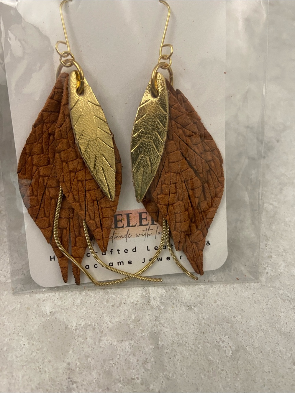 Handcrafted Brown Leather Feather Drop Earrings & Leopard/Fall Season Earrings - Picture 4 of 12